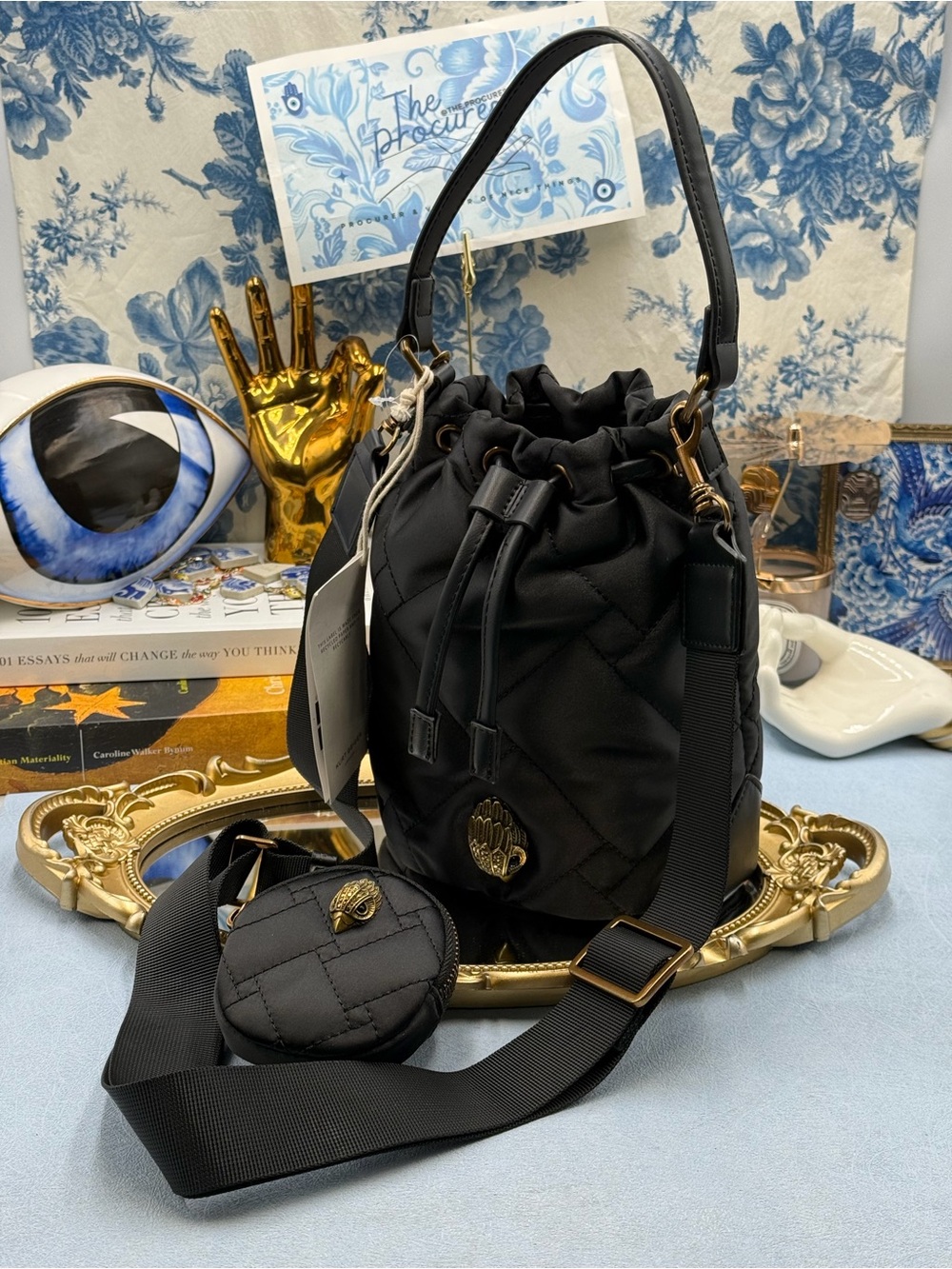 🆕 KURT GEIGER LONDON 🧿 NWT Recycled Multi Drawstring Bucket Bag, Black - Picture 6 of 12
